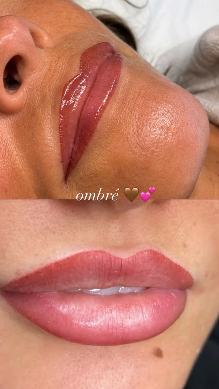 Ombre lip blush shown fresh and fully healed